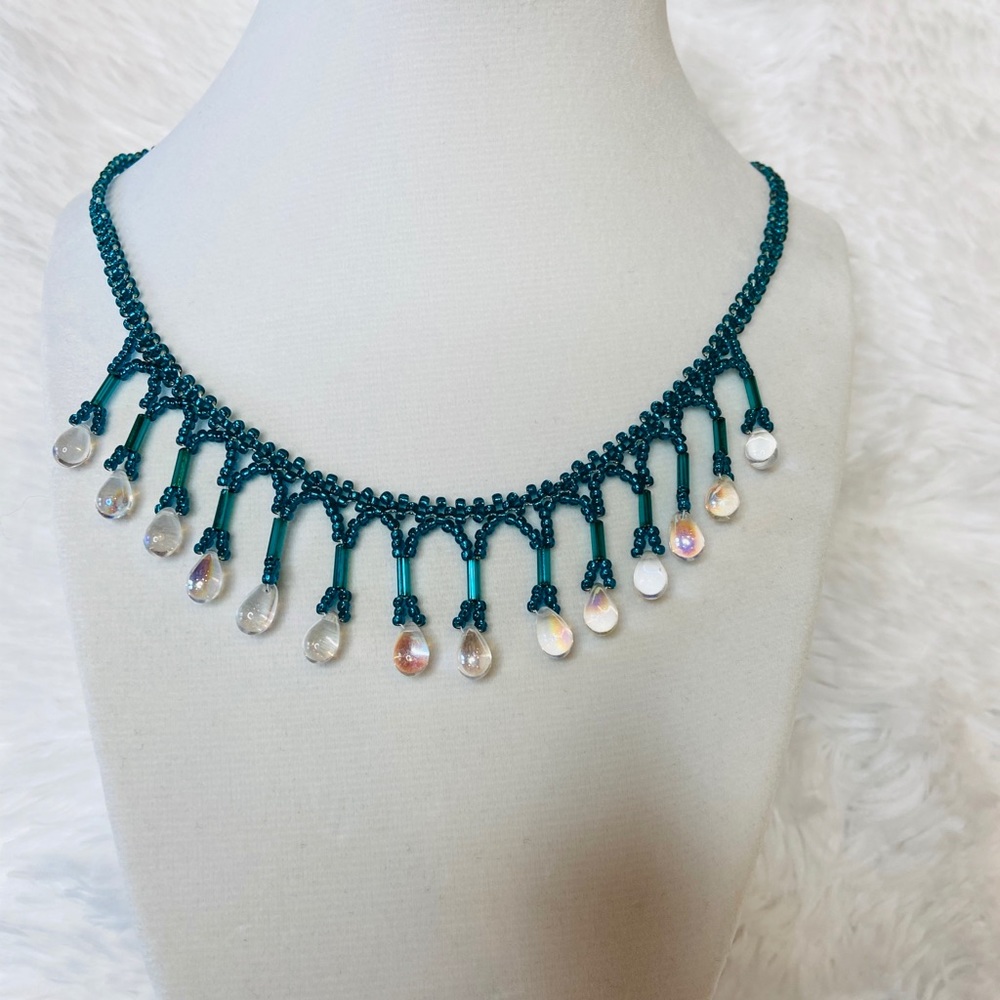 HANDMADE Beaded Teal Drop Stone Statement Necklace - Picture 3 of 6